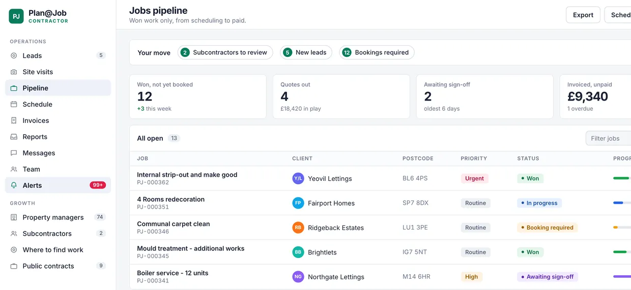 The Plan@Job jobs pipeline, showing each job with its client, priority, status and progress